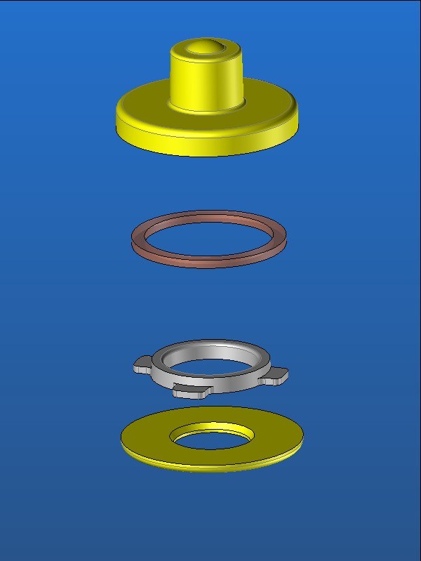 Exploded engineering view of an electronic ear tag — locking button, RFID antenna ring and chip housing